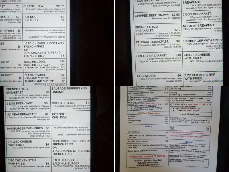 Bald Hill Cafe Menu
