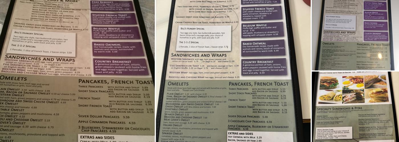 Bill's Restaurant Menu