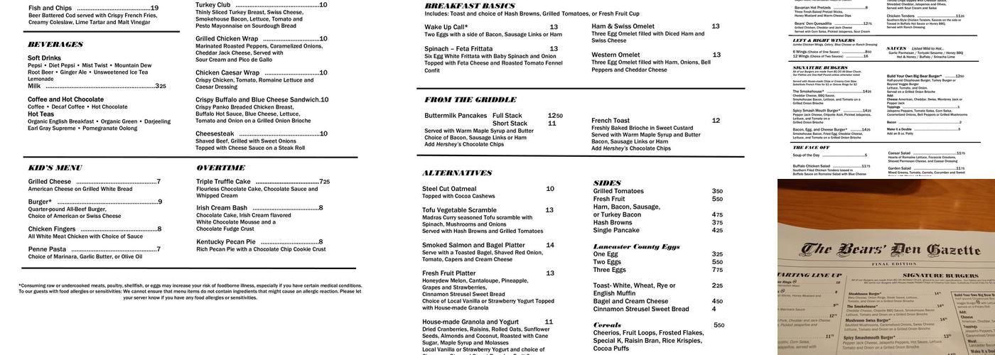 The Bears' Den at Hershey Lodge Menu