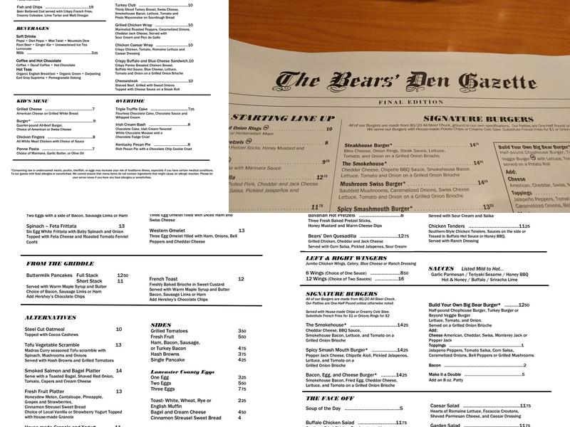 The Bears' Den at Hershey Lodge Menu