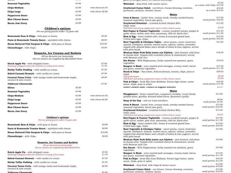 The Greyhound Inn Menu
