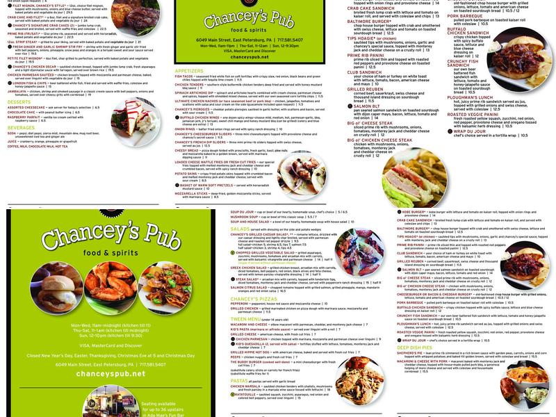 Chancey's Pub Menu