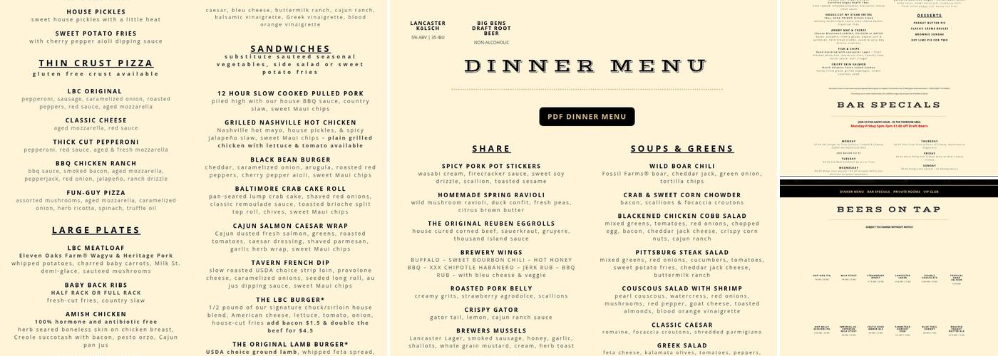 Lancaster Brewing Company Menu