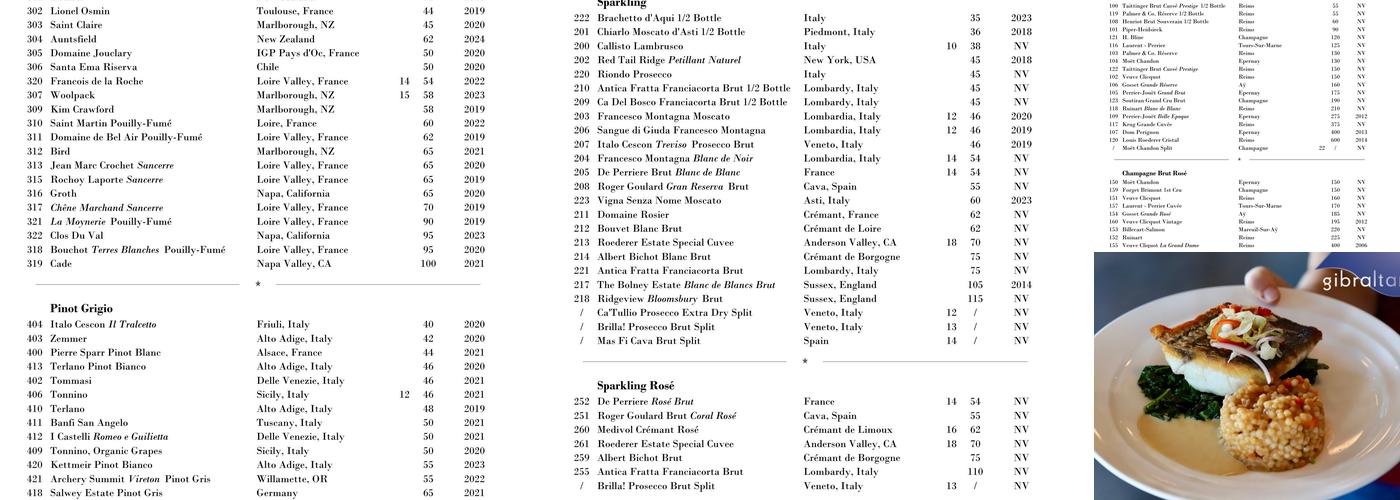 Gibraltar Restaurant Menu