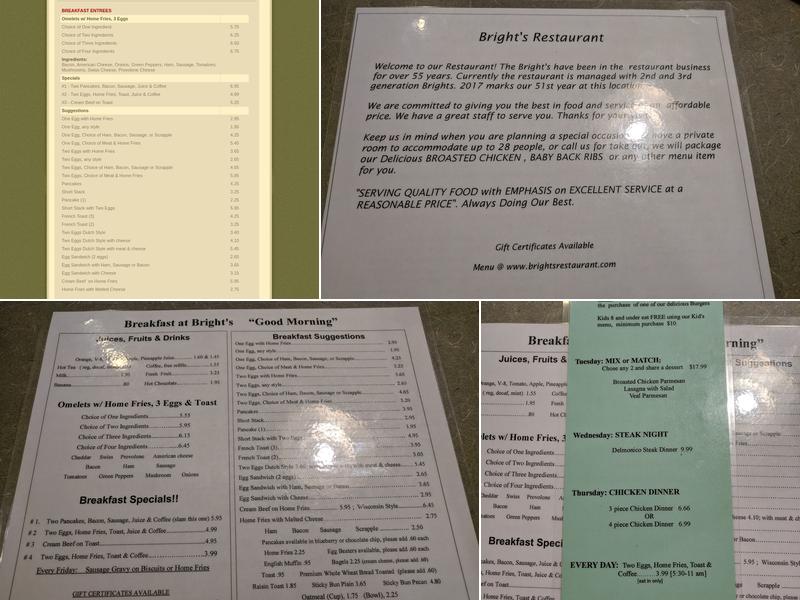 Bright's Restaurant Menu