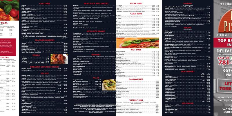 Lisa's Pizzeria Menu