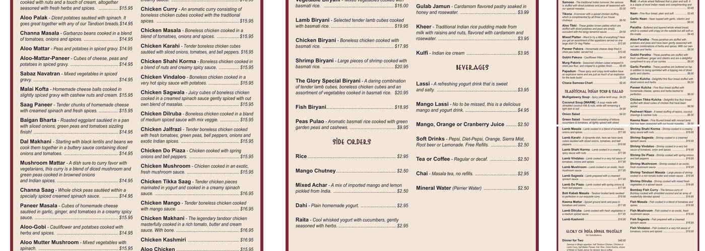 Glory of India Menu