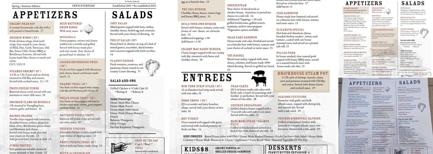 The Rawlinsville Brickhouse Menu
