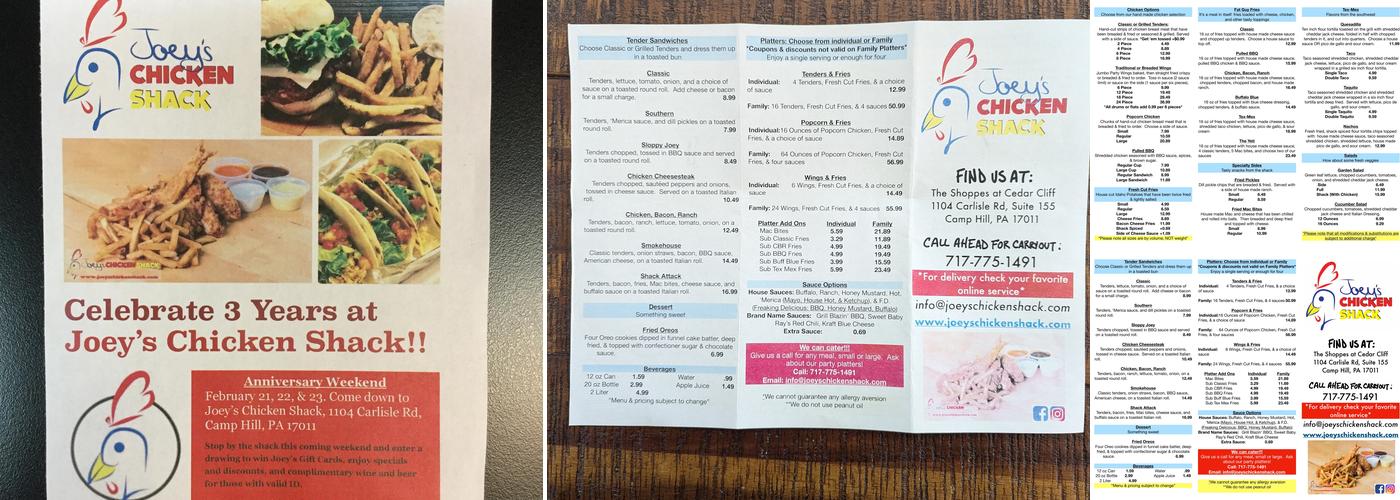 Joey's Chicken Shack Menu