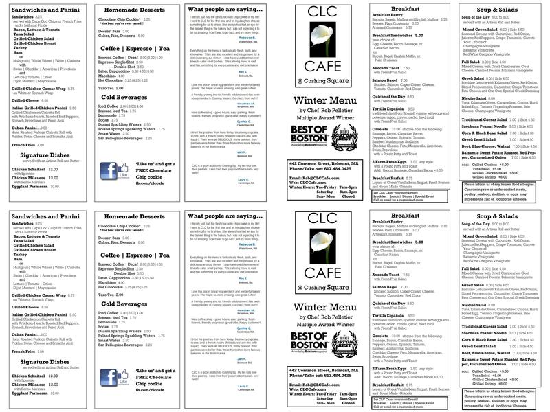 CLC Cafe @ Cushing Square Menu