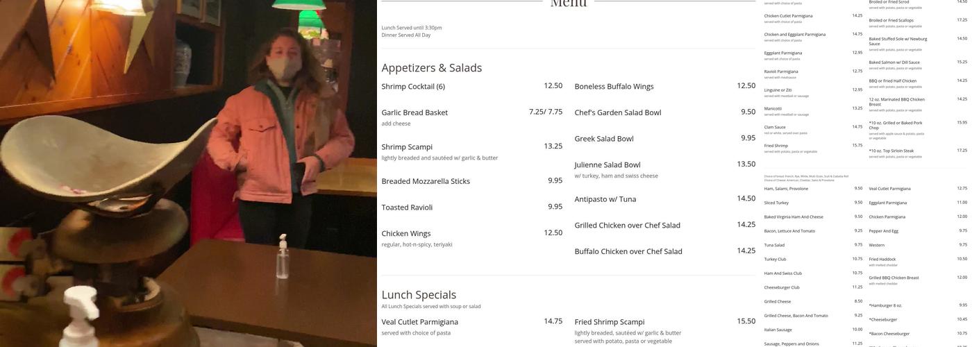 Greg's Restaurant Menu