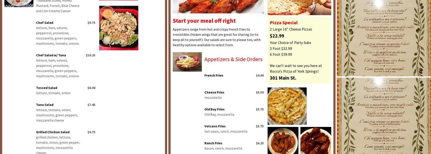 Rocco's Pizza of York Springs Menu