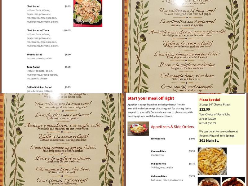 Rocco's Pizza of York Springs Menu