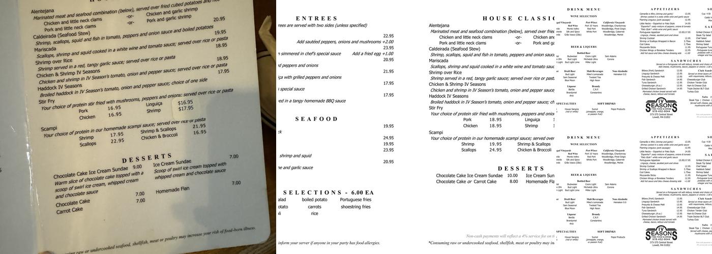 IV Seasons Restaurant Menu