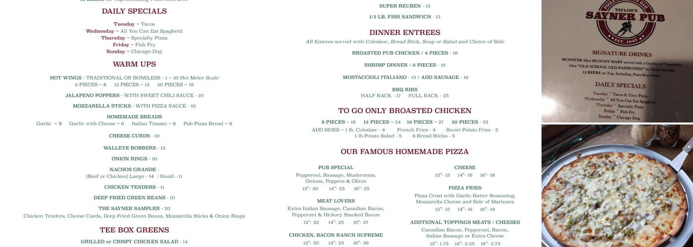 Sayner Pub Menu