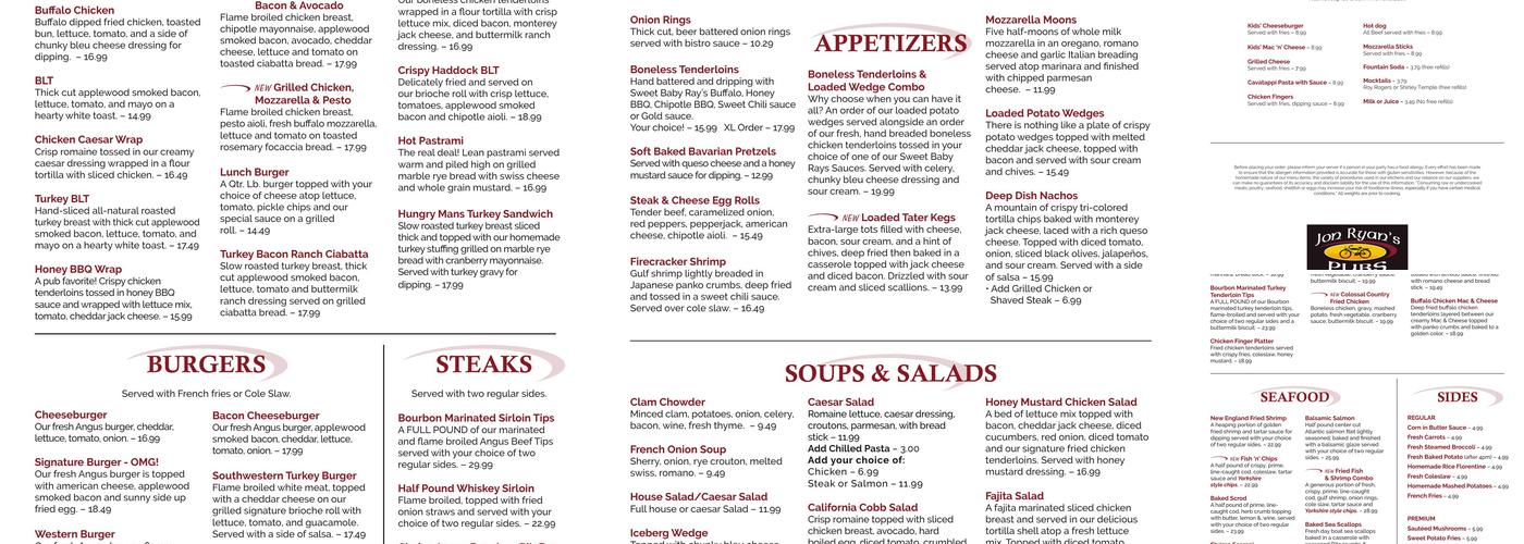 Jon Ryan's Pubs Menu