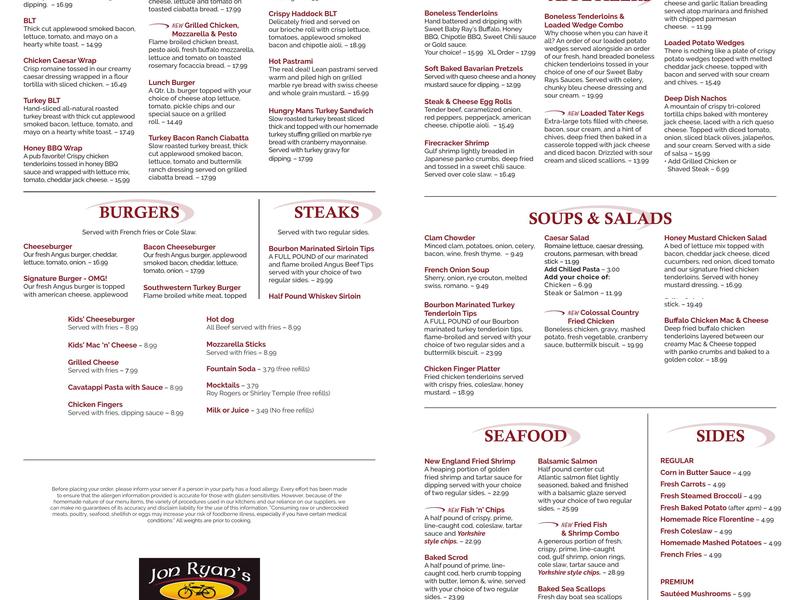 Jon Ryan's Pubs Menu
