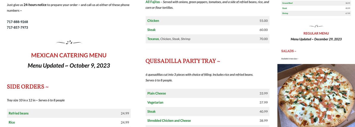 Right Pizza Menu