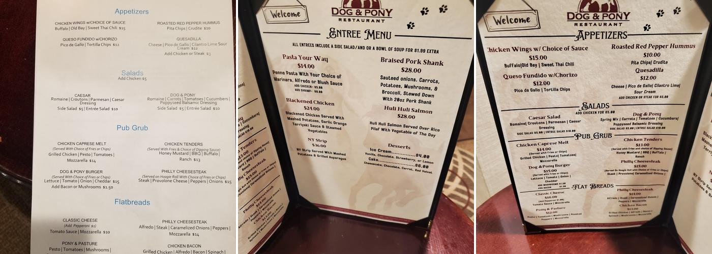 Dog & Pony Restaurant & Pub Menu