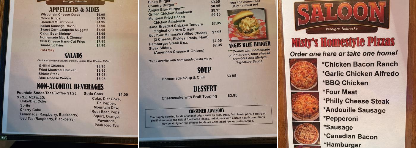 Misty's Saloon Verdigre NE Menu
