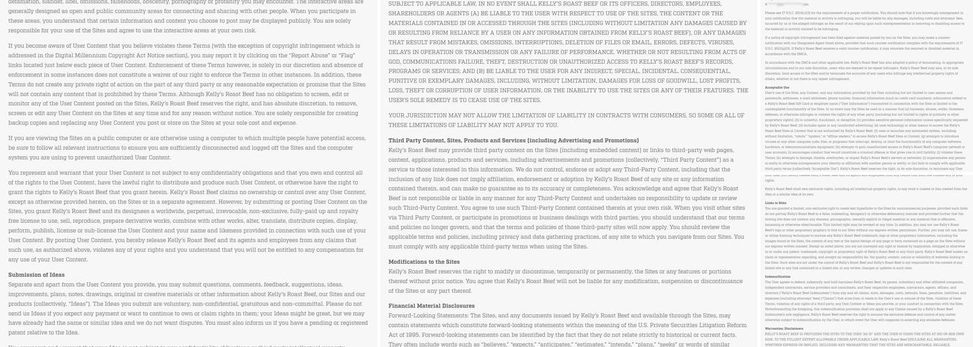 Kelly's Roast Beef Menu