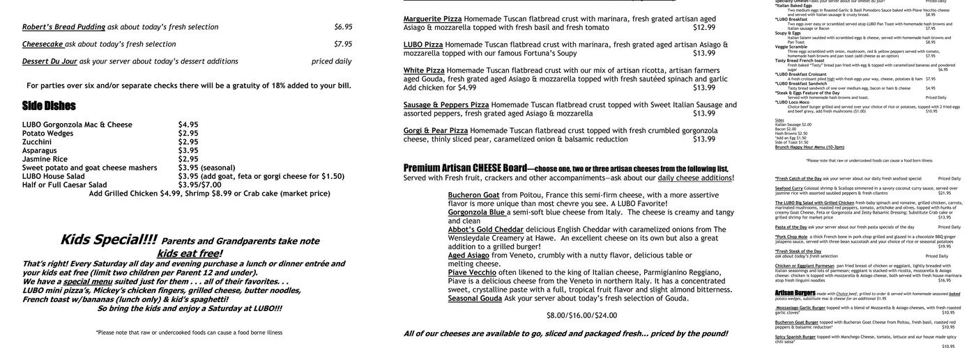 Lubo Wine Tasting Room Menu