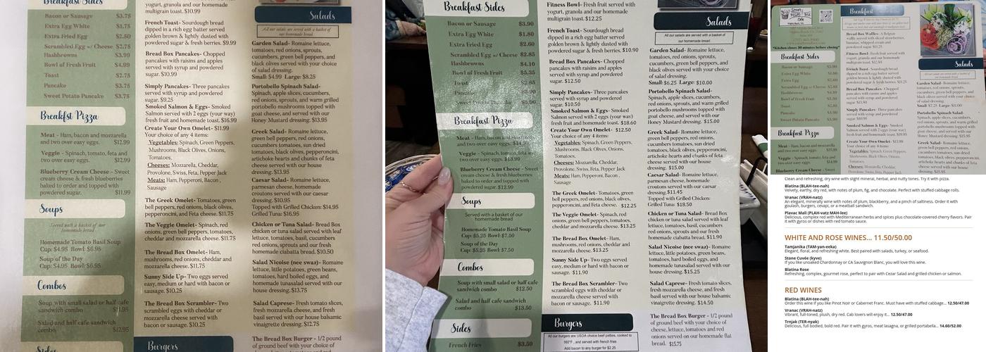 Bread Box Cafe Menu