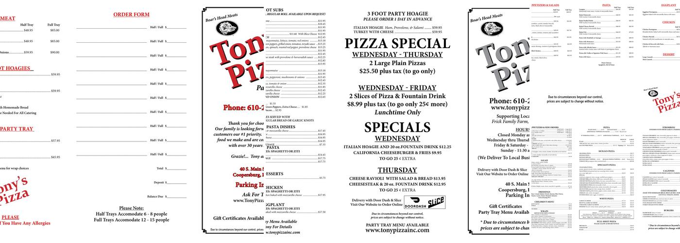 Tony's Pizza Menu