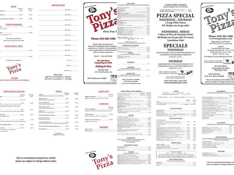 Tony's Pizza Menu