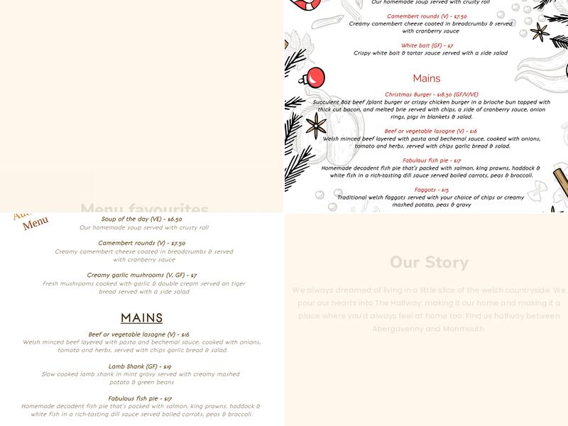 The Halfway, Tal-y-Coed Menu