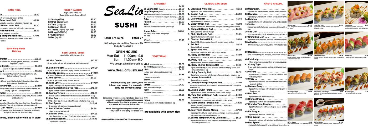 Sea Lion Sushi Menu
