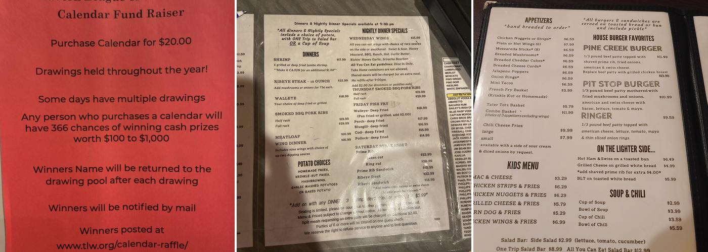 Pine Creek Pit Stop Menu