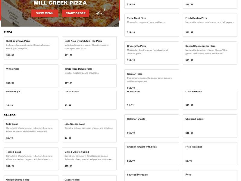 Mill Creek Pizza Menu