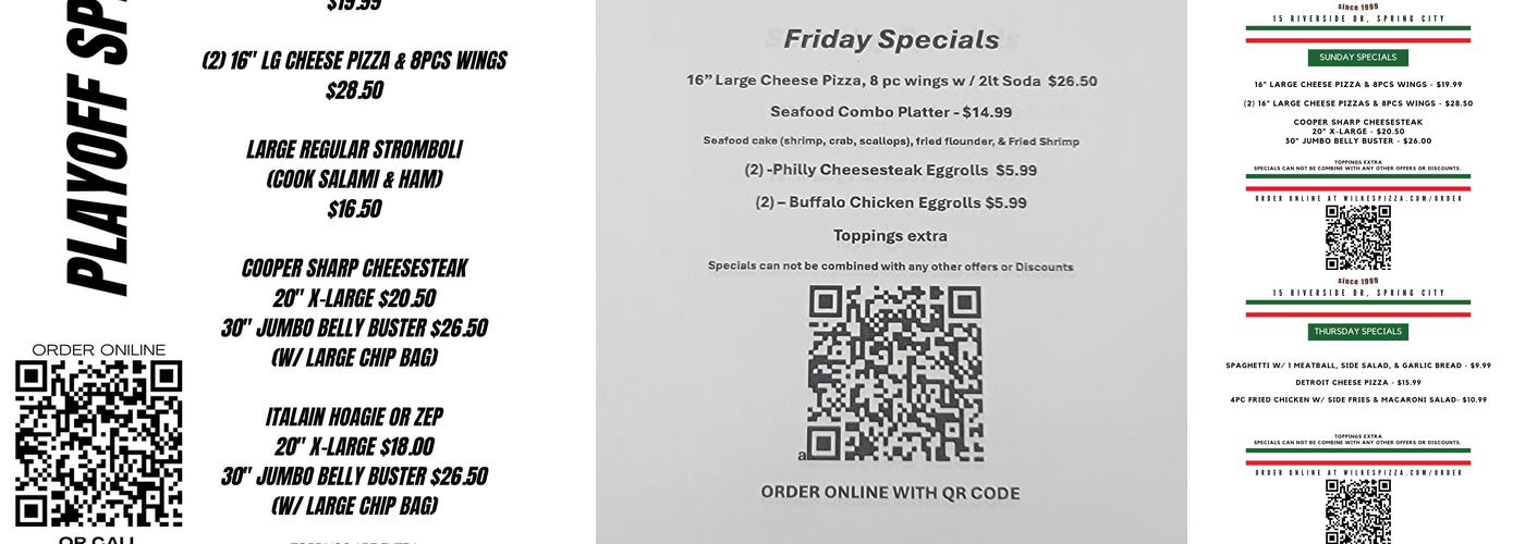 Wilke's Pizzeria and Grille Menu