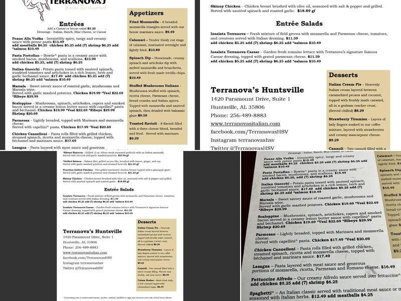 Terranova's Huntsville Menu