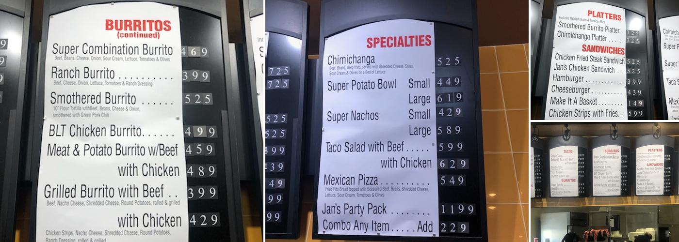 Jan's Tacos Menu
