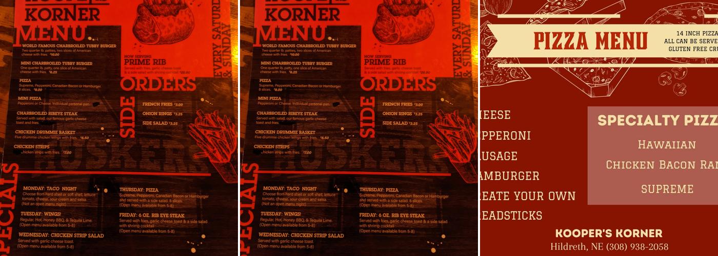 Kooper's Korner Menu