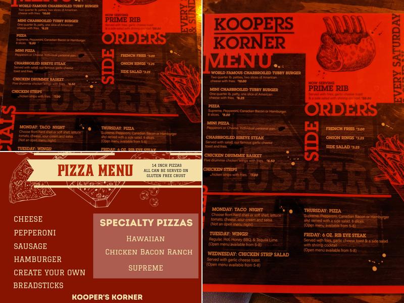 Kooper's Korner Menu