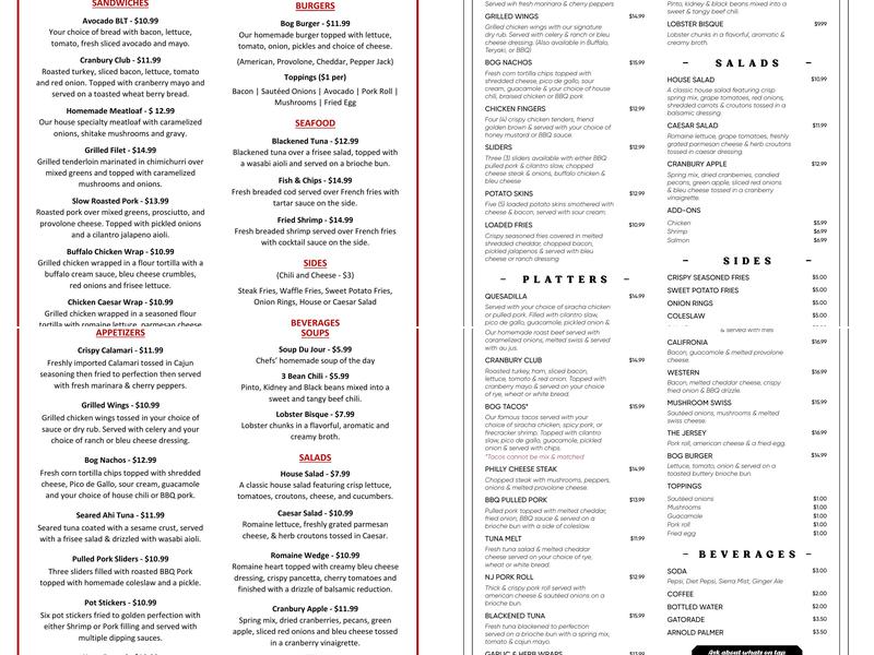 The Bog Restaurant Menu