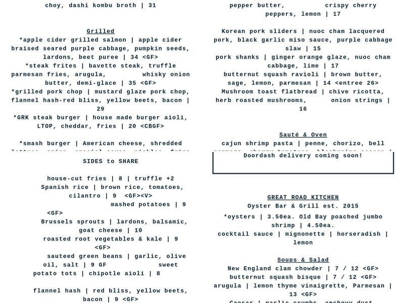 Great Road Kitchen Menu