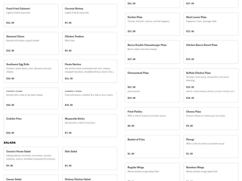 Cousin's Pub & Co Menu