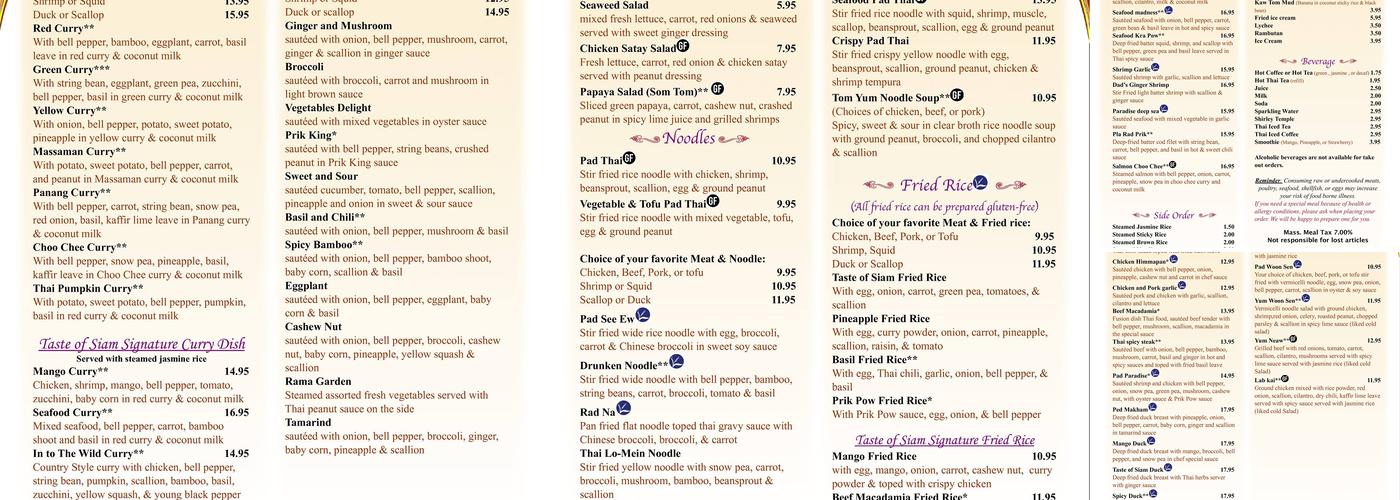 Taste of Siam Menu