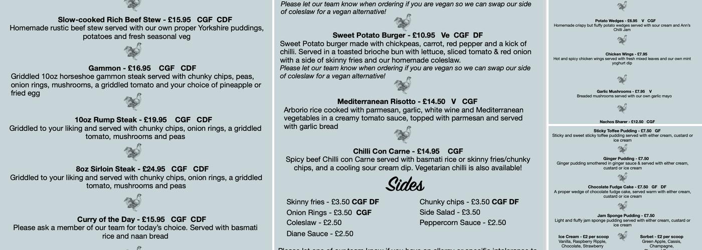 The Blackcock Inn at Falstone Menu