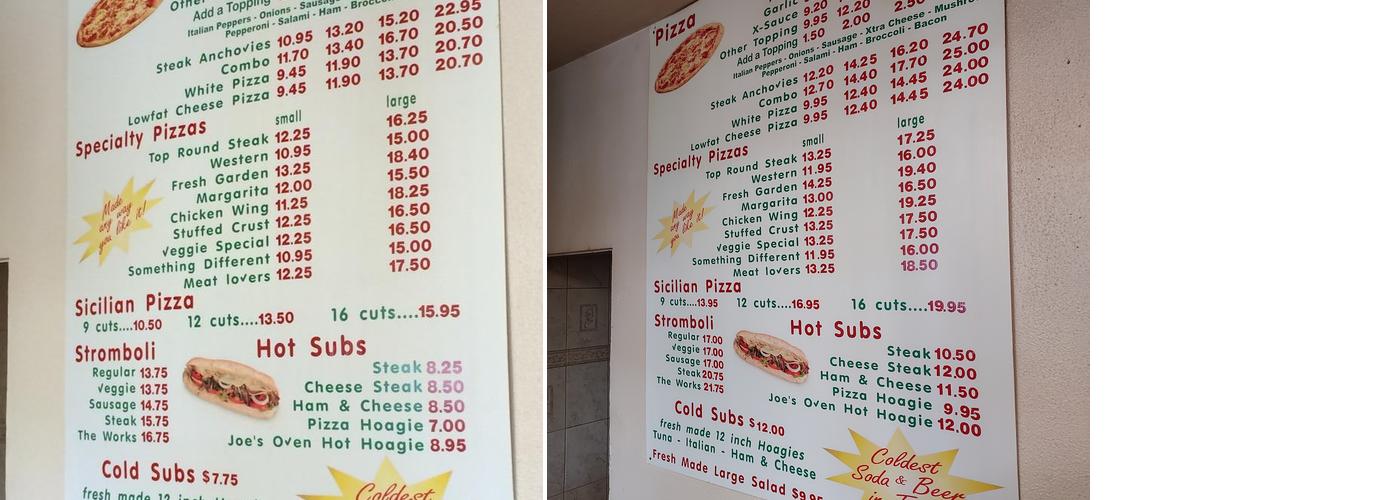 Joe's Pizza Menu