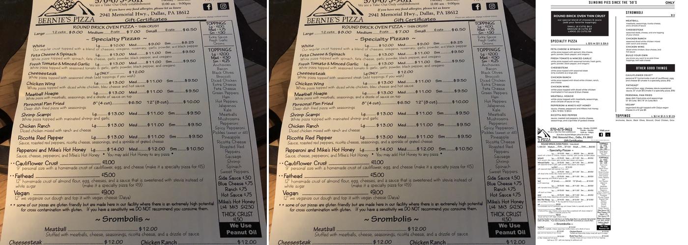 Bernie's Pizza Menu