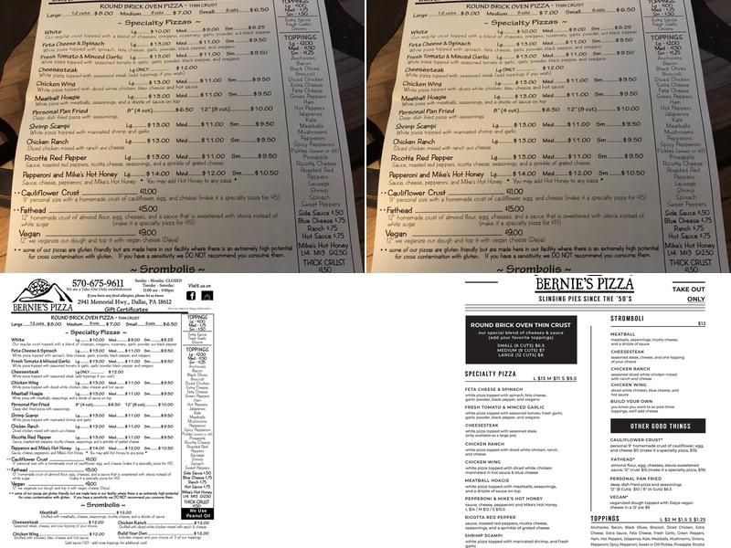 Bernie's Pizza Menu