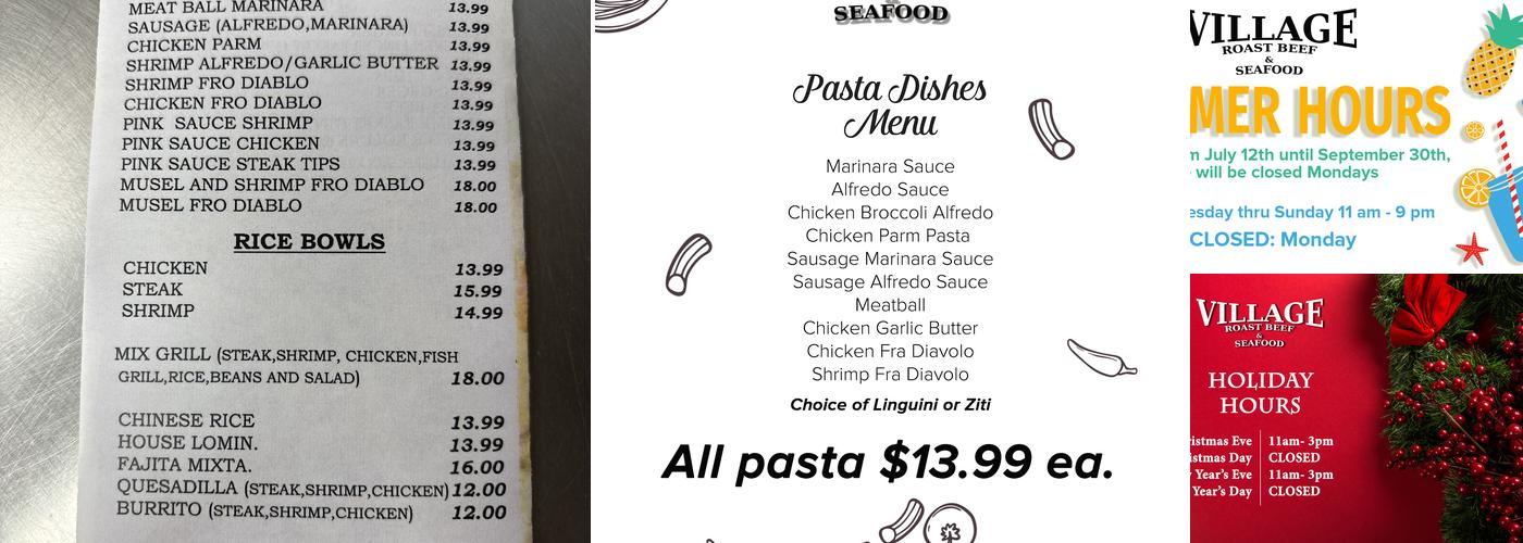 Village Roast Beef & Seafood Menu
