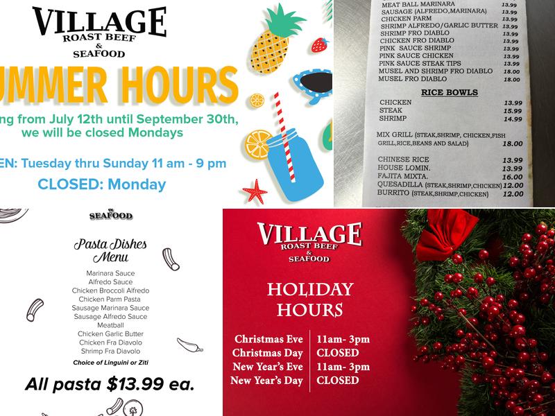 Village Roast Beef & Seafood Menu
