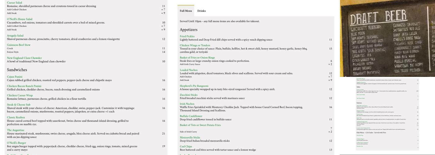 O'Neills Pub & Restaurant Menu