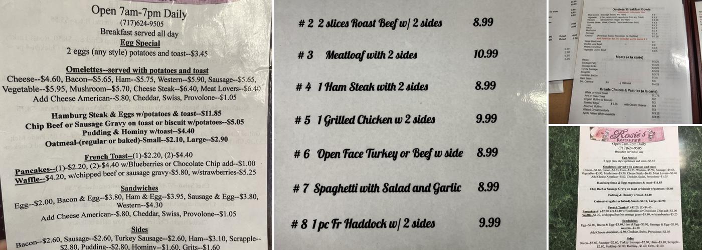 Rosie's Restaurant Menu